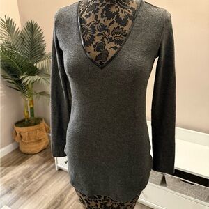 V-Neck Gray Sweater soft with faux leather trim soft and cozy